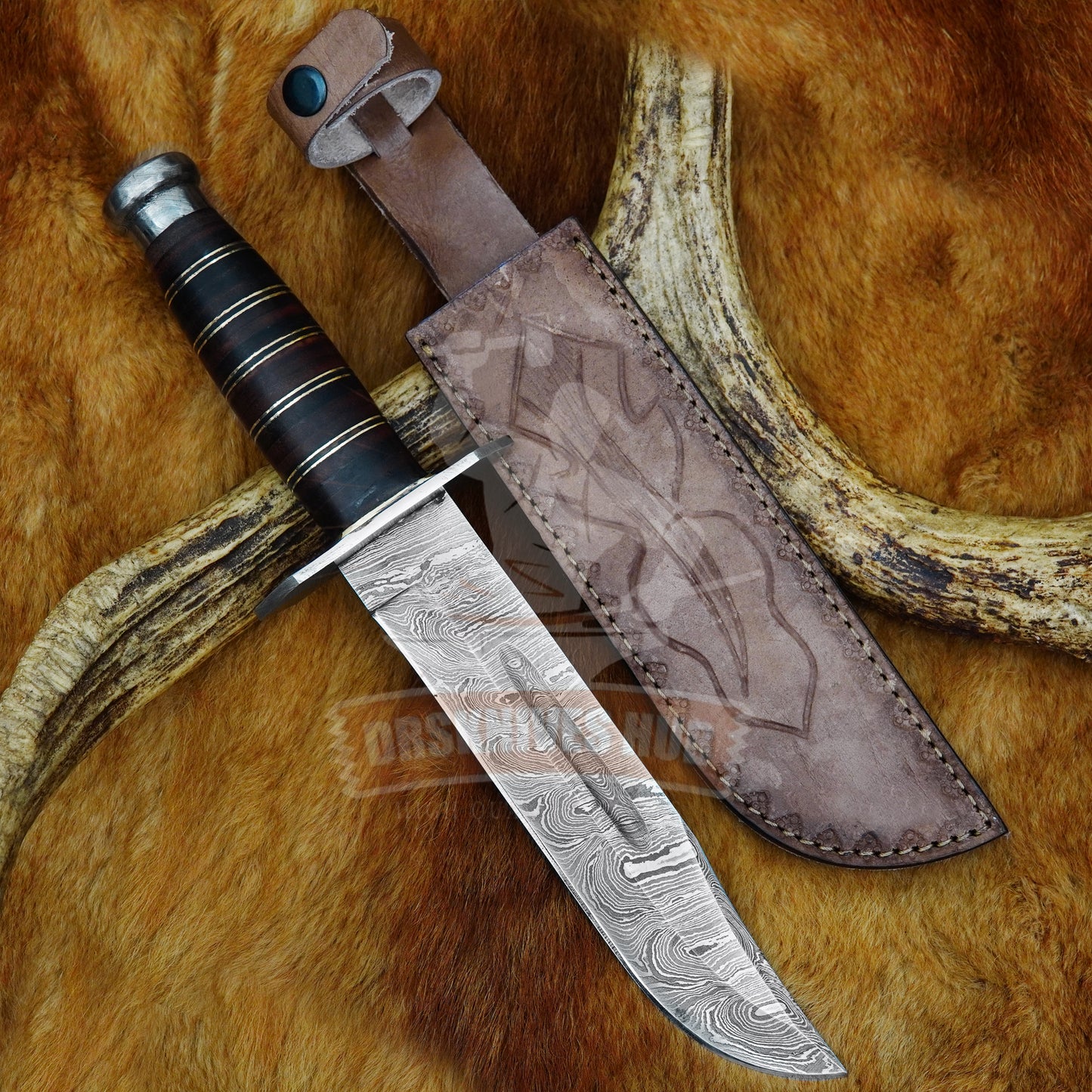 Damascus Bowie Knife 13" – Leather Stack Handle Full Tang | DRSKNIVES HUB