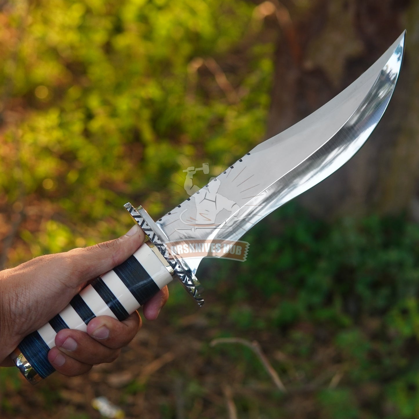 Beautifully Handmade D2 Steel Bowie Knife | 15″ Custom Hunting Knife with Blue & White Resin Handle | DRSKNIVES HUB