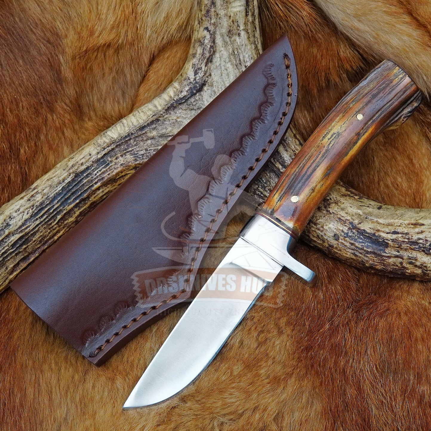 Handmade Stainless Steel Fixed Blade Knife with Stag Handle and Leather Sheath | DRSKNIVES HUB