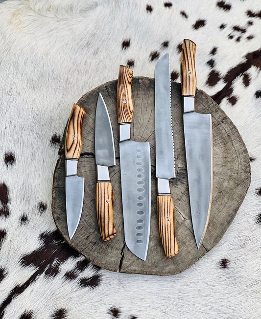 Handmade Stainless Steel Kitchen Knives Set with Leather Roll and Burly Wenge Wood Handles