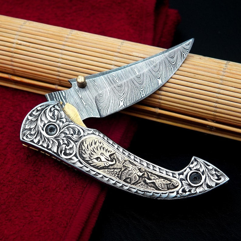 Custom Handmade Damascus Steel Camping Knife, Beautifully Hand Engraved Knife