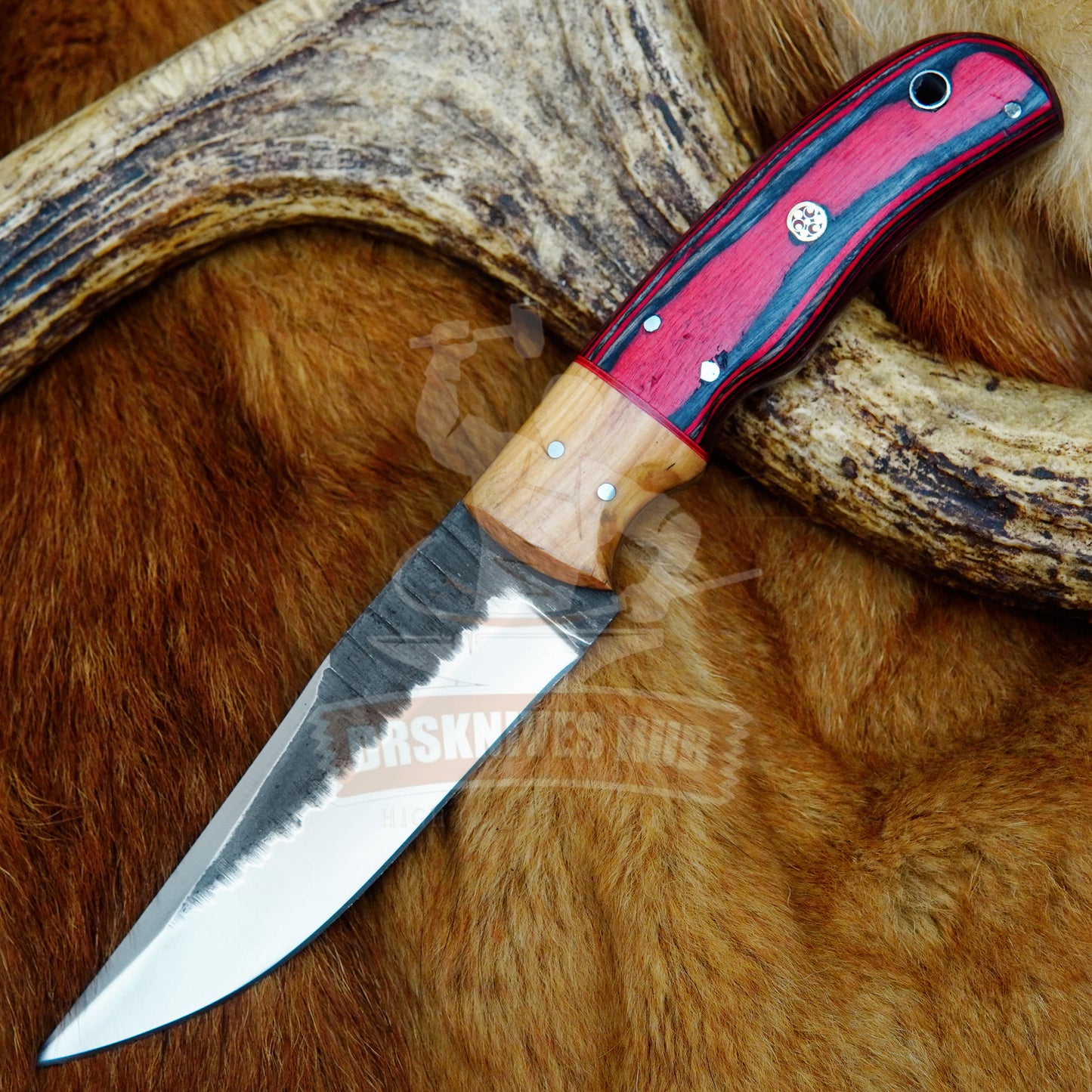 Handmade Carbon t Steel Hunting Knife: Wood Handle Leather Sheath