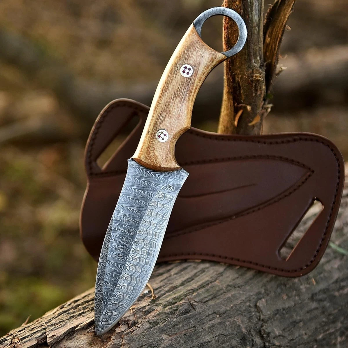 Damascus Steel Hunting Knife – With Leather Sheath | DRSKNIVES HUB