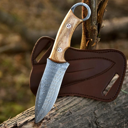 Damascus Steel Hunting Knife – With Leather Sheath | DRSKNIVES HUB