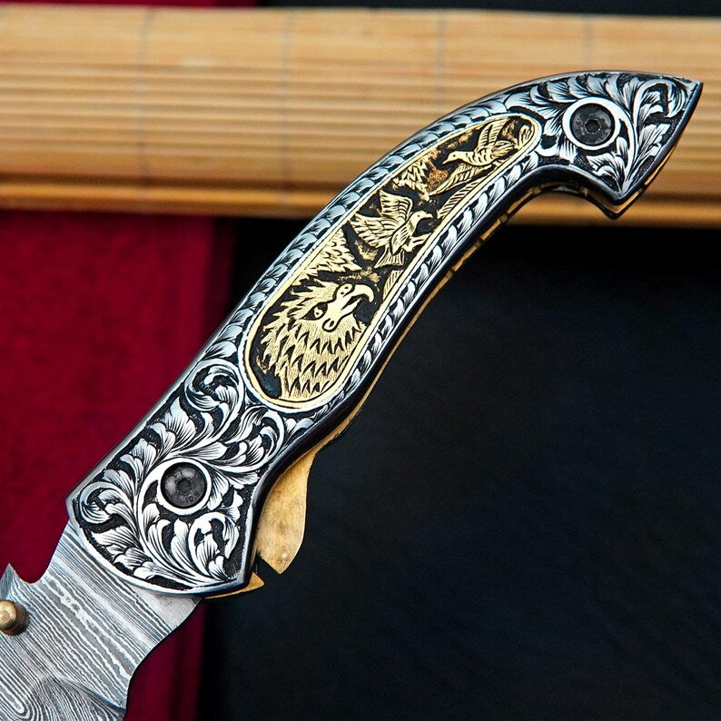 Custom Handmade Damascus Steel Camping Knife, Beautifully Hand Engraved Knife