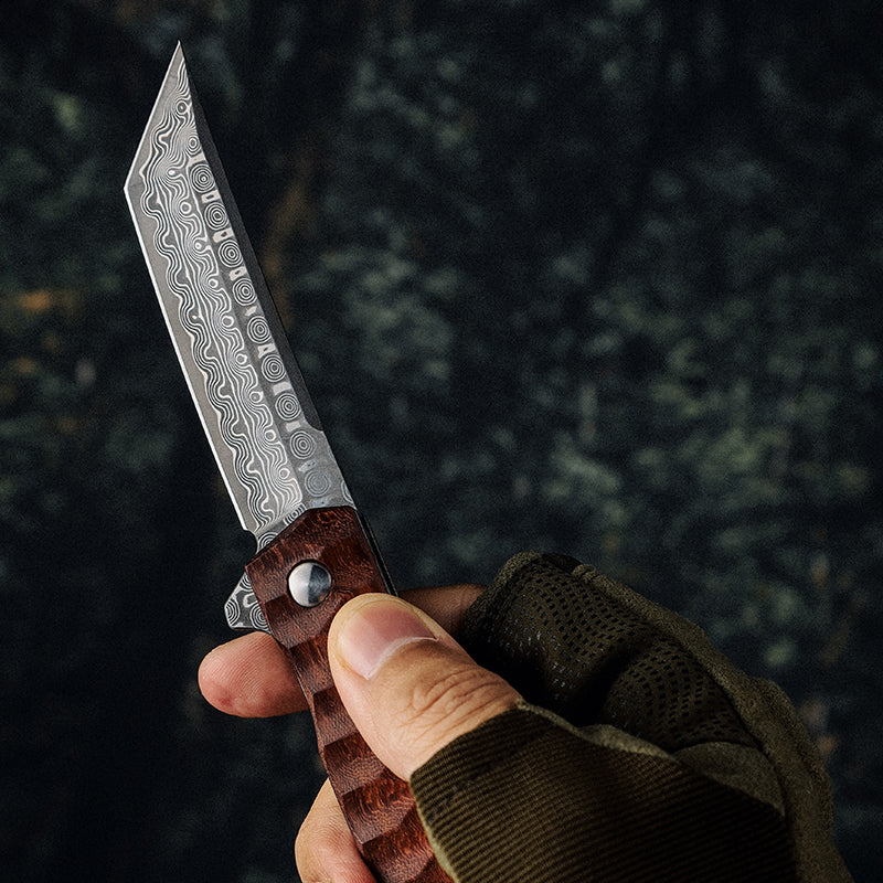 Handmade Tanto Folding Knife with Exotic Rose Wood Handle