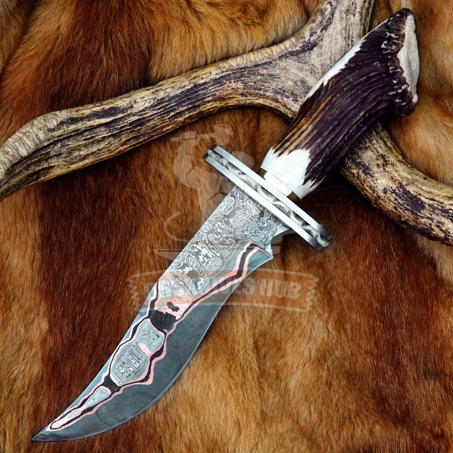 Handmade Copper Damascus Steel Bowie Knife 14" Stag Antler Hunting Knife with Leather Sheath | DRSKNIVES HUB