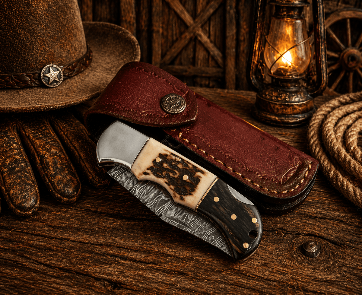 Damascus Folding Pocket Knife – Stag Horn & Pakka Wood Handle | DRSKNIVES HUB