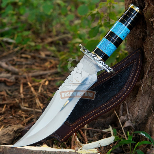 Handmade D2 Steel Bowie Knife | 15" Mirror Polished Blade with Leather Sheath | DRSKNNIVES HUB