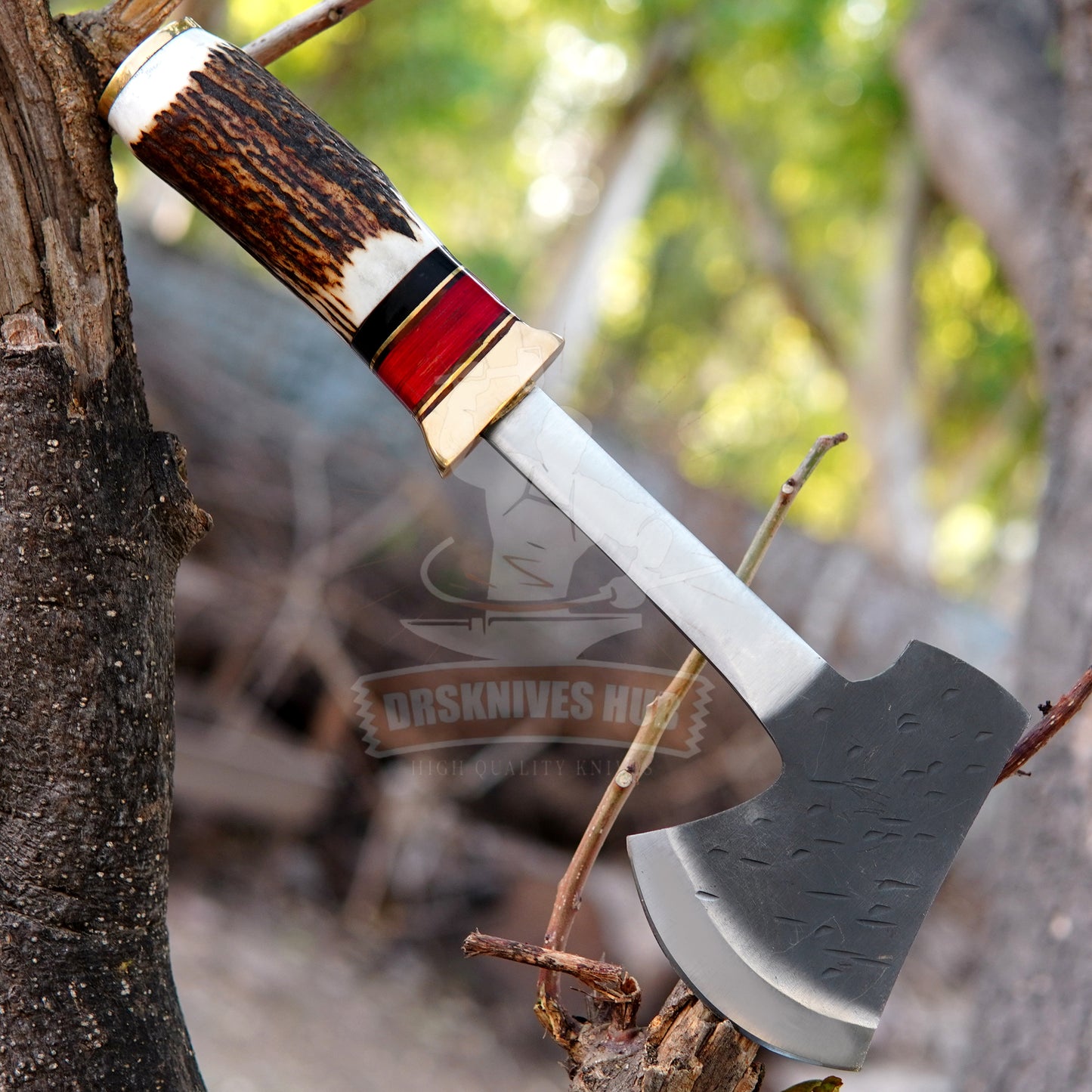 Bushcraft Axe 12" – Handmade Stag Handle Camping Hatchet | DRSKNIVES HUB
