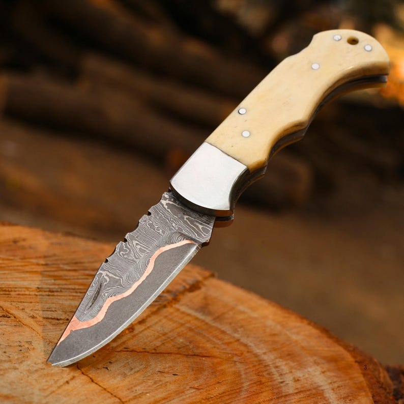 Pocket Folding Knife Handmade Damascus Steel Folding Pocket Knife Camel Bone Handle