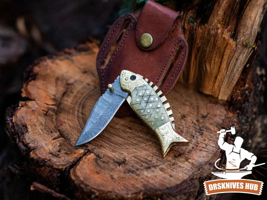 Handmade Damascus Steel Blade Folding Pocket Knife With Leather Sheath Cover Fish style Knife