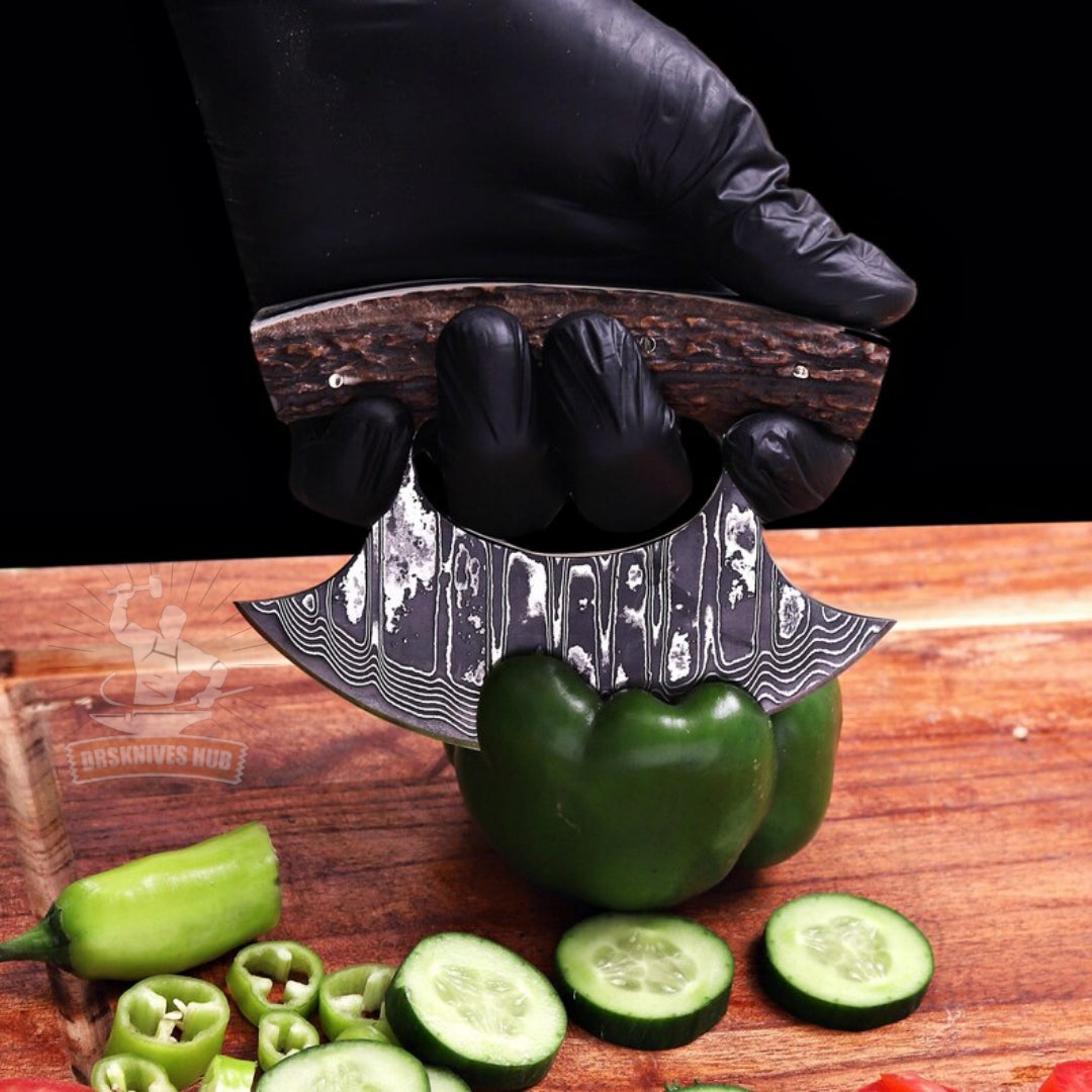 Damascus  Steel Ulu knife With Leather Sheath Full Stag Handle
