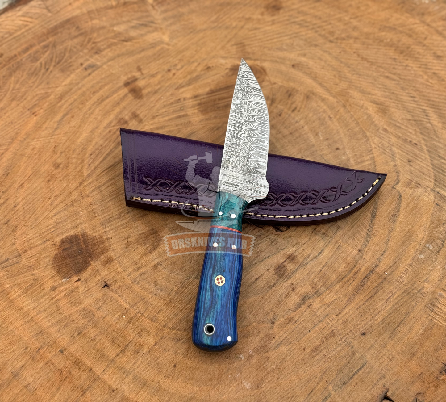 Damascus Skinning Knife 9" – Wood Handle with Leather Sheath | DRSKNIVES HUB