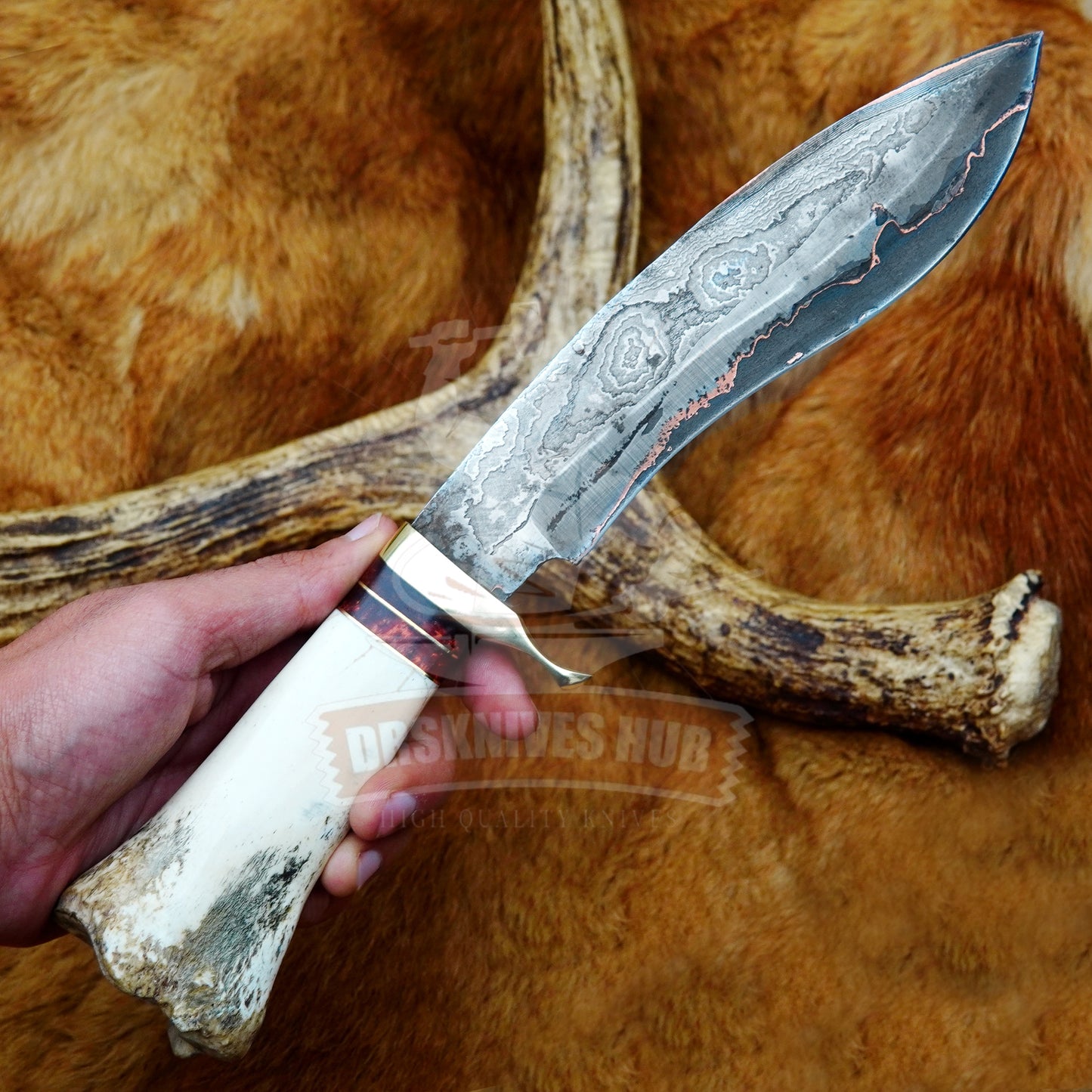 Handmade Copper Damascus Kukri Knife: Bone Handle With Leather sheath