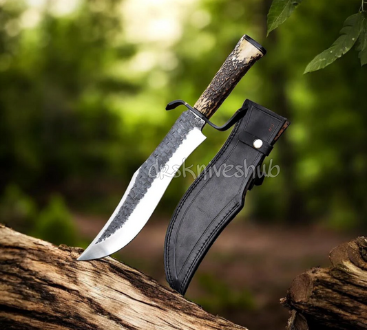 Handmade Bowie Knife 17 Inch Carbon Steel Blade with Antler Handle & Leather Sheath