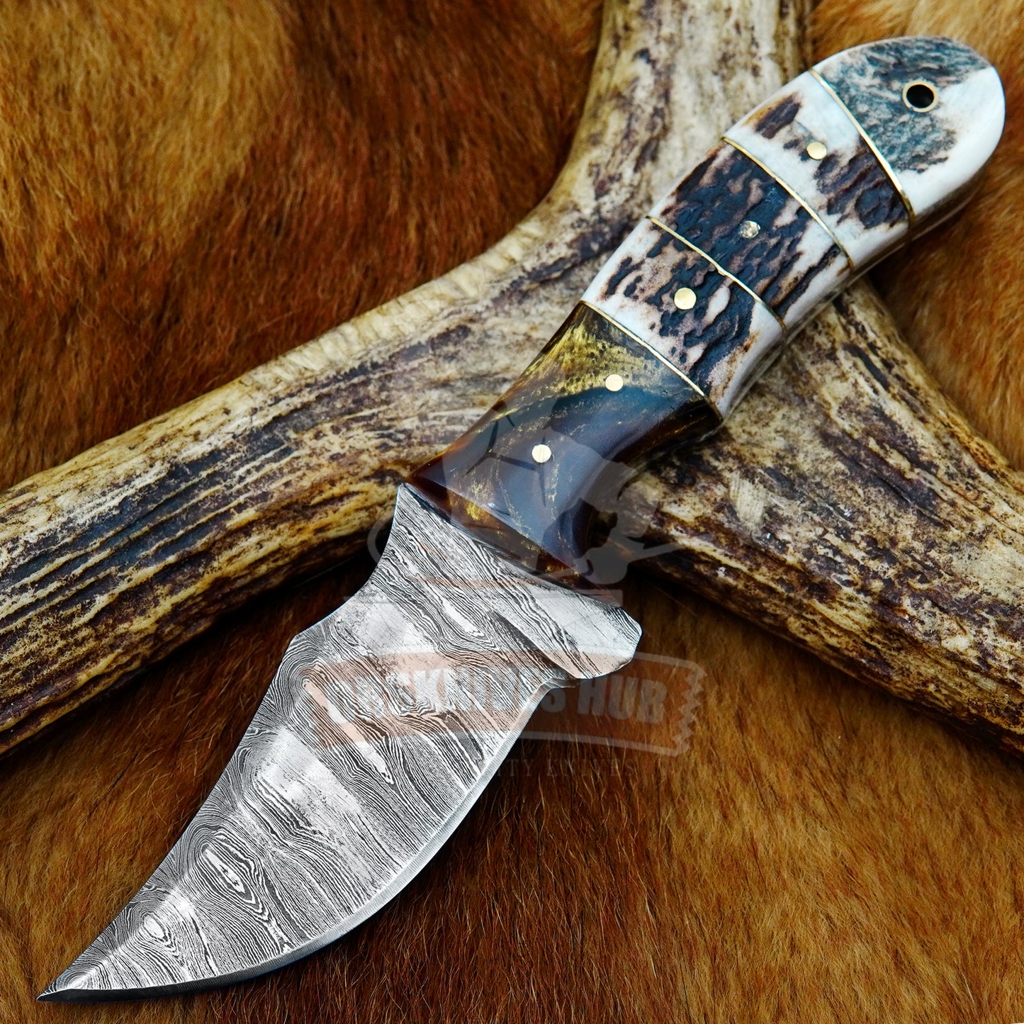 7” Fixed Blade Hunting Skinning knife with Stag Handle & Leather Sheath – Artisan Gift