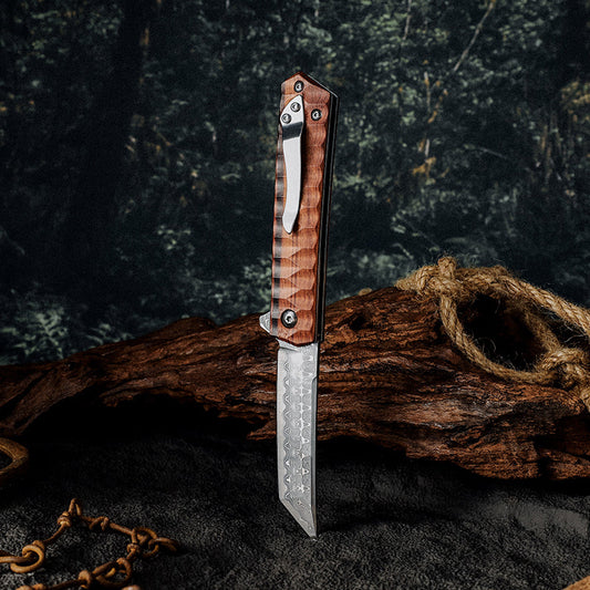 Handmade Tanto Folding Knife with Exotic Rose Wood Handle
