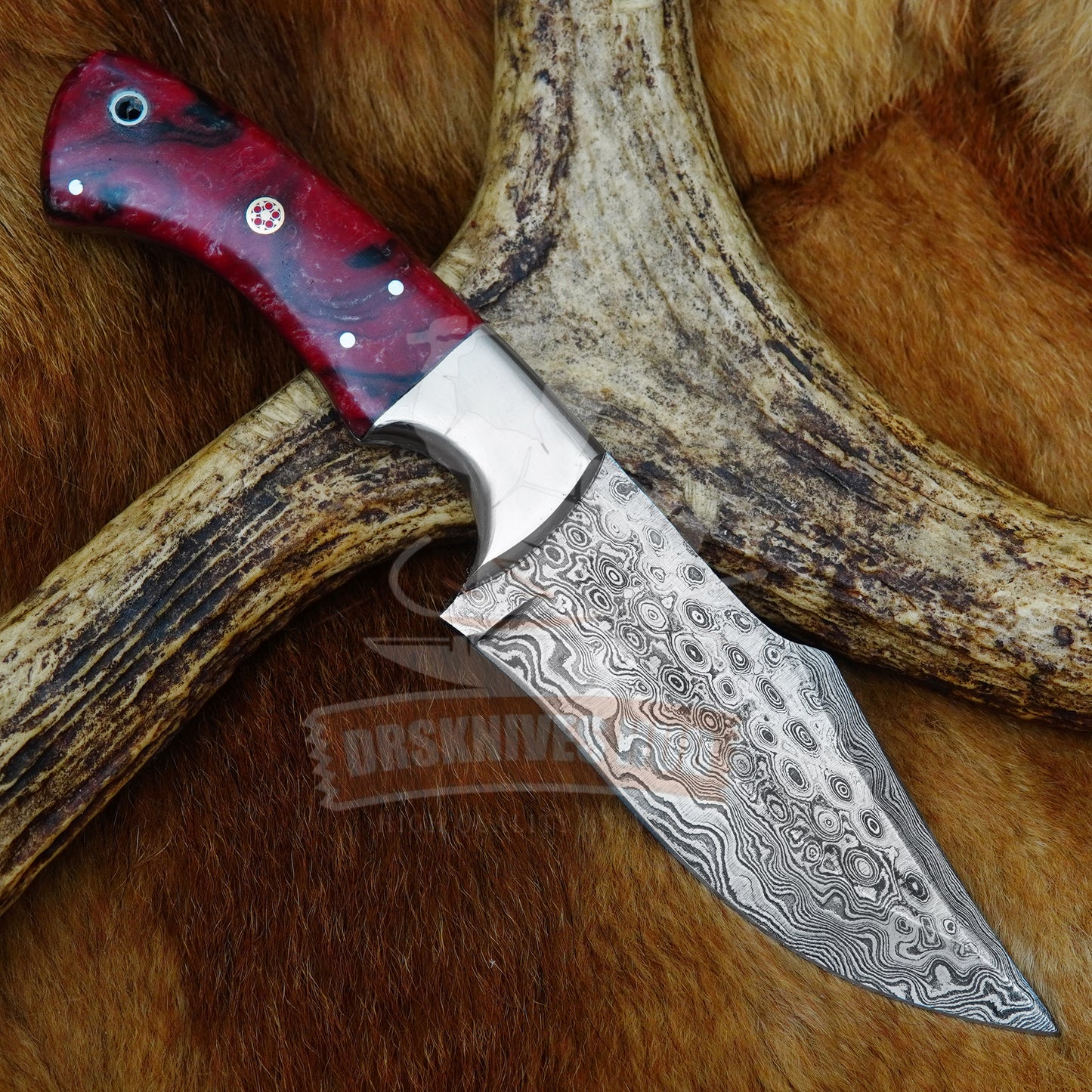 Damascus Steel Hunting Knife with Resin Handle & Leather Sheath