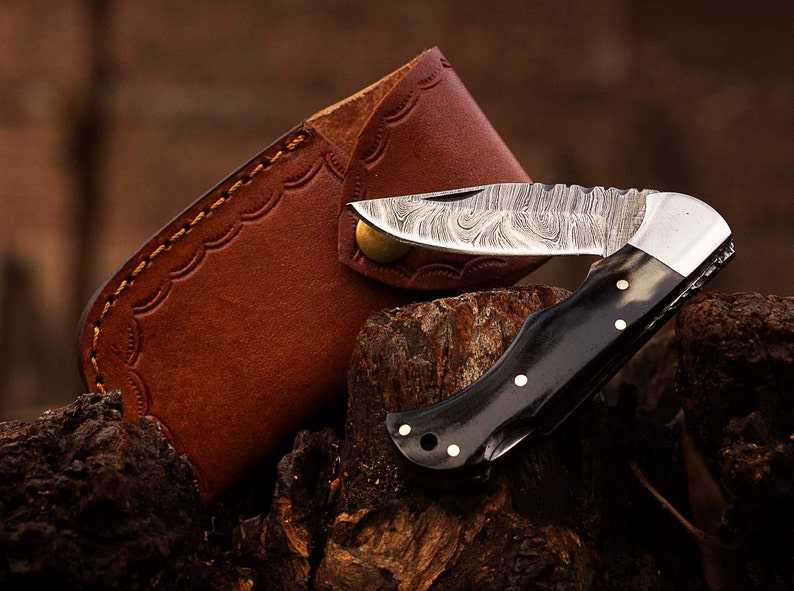 Damascus Pocket Knife, Folding Knife ,Folding Knives Every Day Carry Knife With Leather Sheath Cover