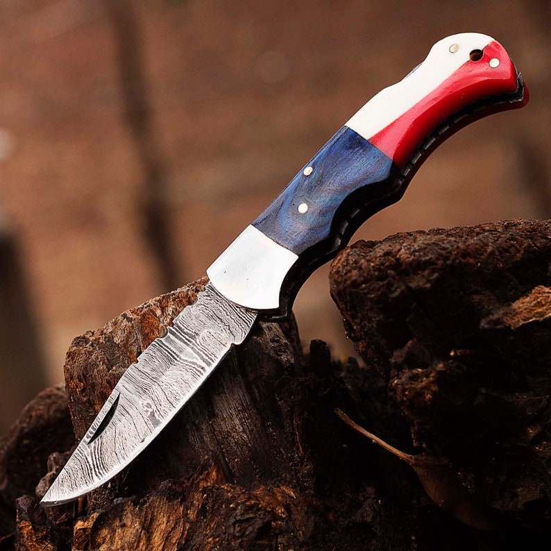 Texas Flag Handle Hand Forged Damascus Steel Folding Pocket Knife With Leather Sheath Cover