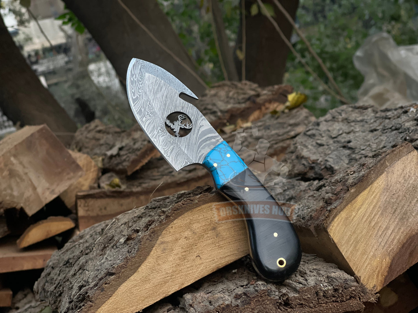 Gut Hook Skinning Knife 8" – Damascus Steel with Buffalo Horn Handle | DRSKNIVES HUB