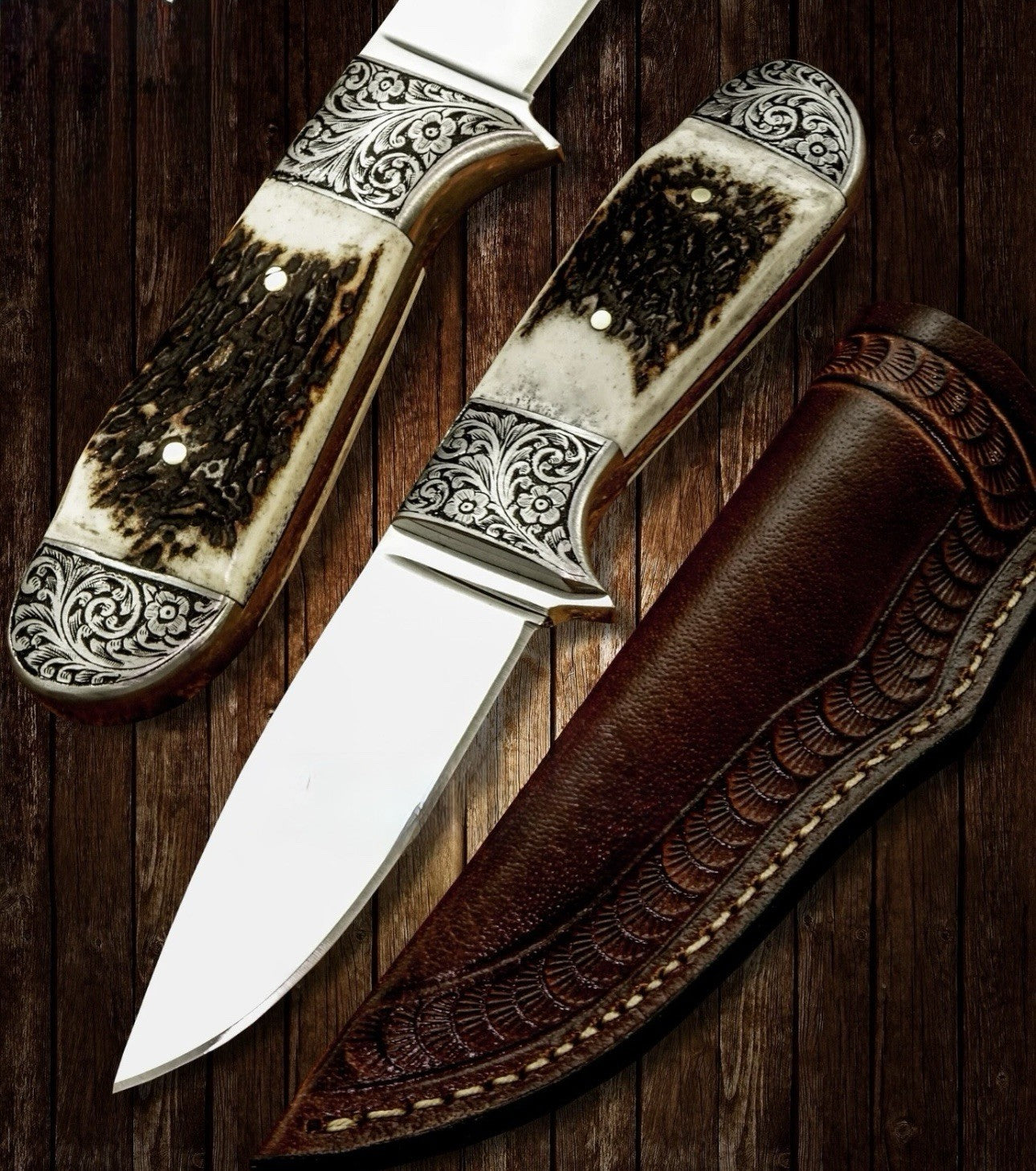 Stainless Steel Hunting Knife 8" – Stag Horn Handle with Leather Sheath | DRSKNIVES HUB
