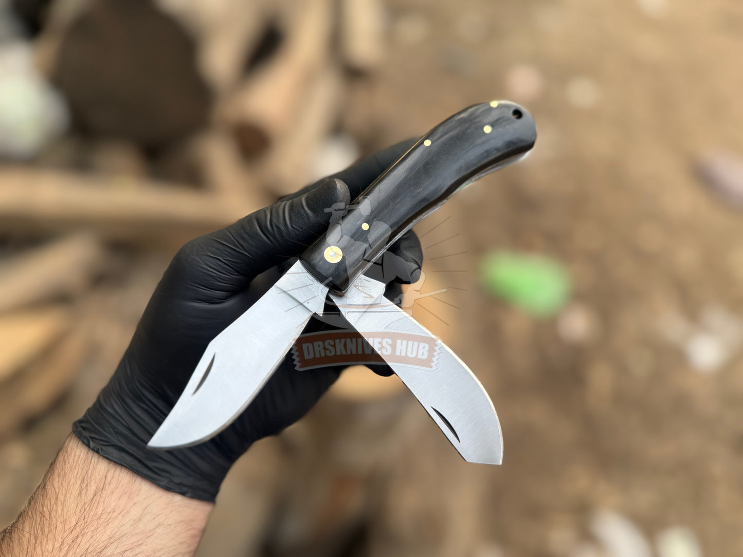 Dual Blade Trapper Knife with Buffalo Horn Handle | Handmade Folding Knife