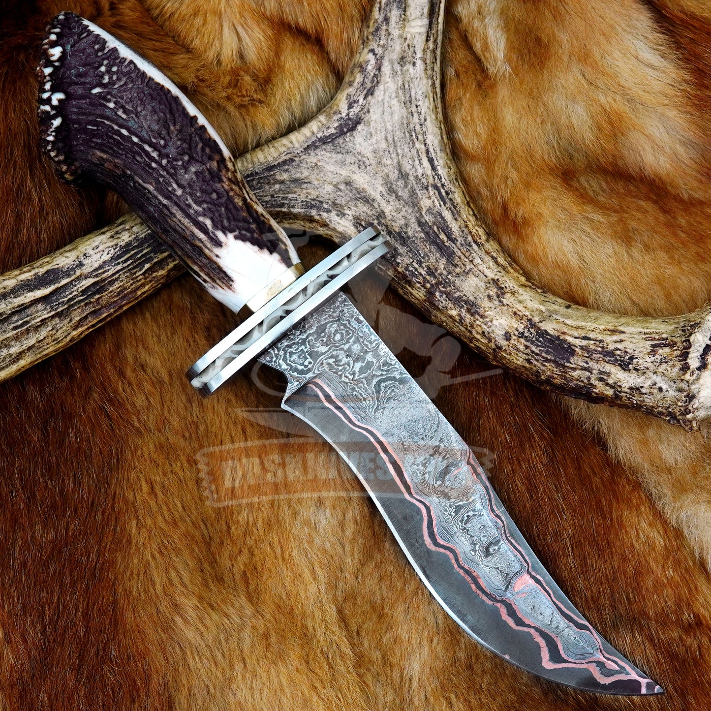 Handmade Copper Damascus Steel Bowie Knife 14" Stag Antler Hunting Knife with Leather Sheath | DRSKNIVES HUB