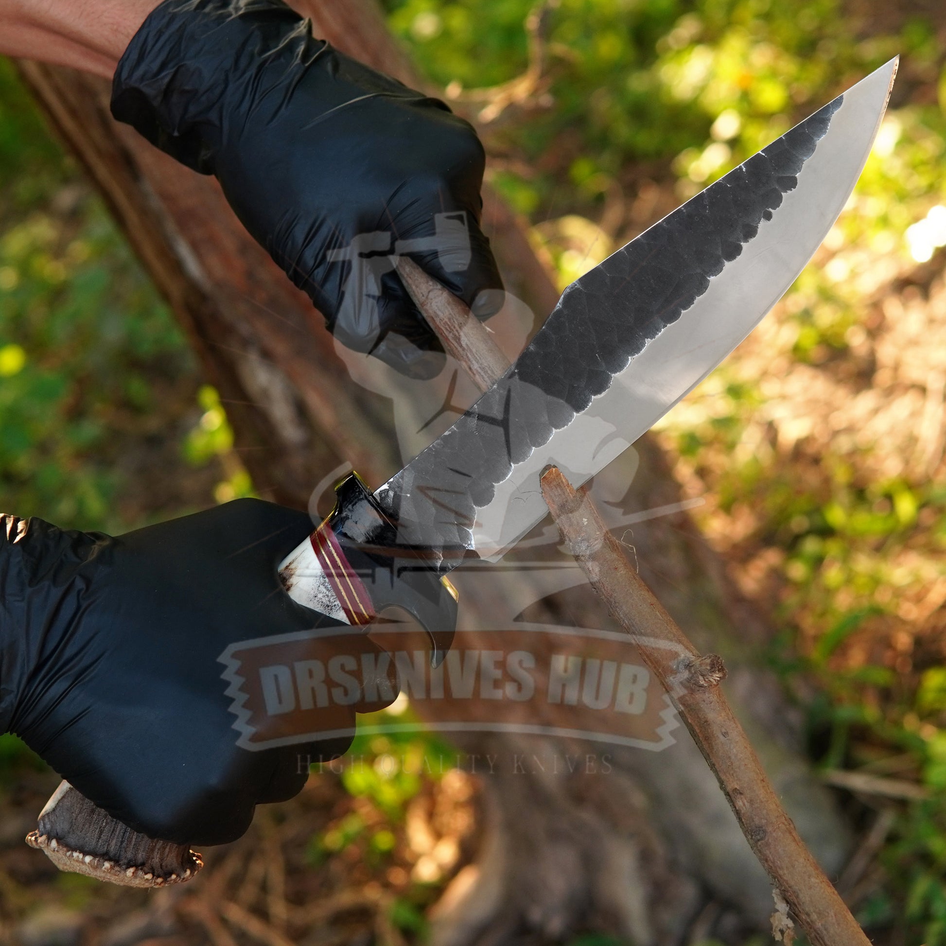 Hand Forged D2 Steel Bowie Knife: Stag Antler Handle, Leather Sheath | DRSKNIVES HUB