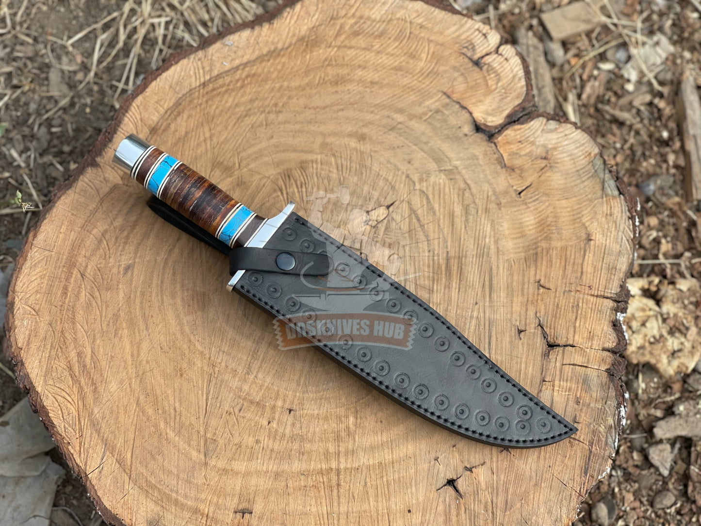 Handcrafted Bowie Knife with Leather and Stone Handle Black Powder-Coated Carbon Steel Blade Leather Sheath | DRSKNIVES HUB