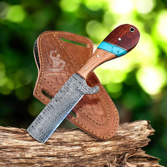 Cowboy knife Damascus Steel Wood Turquoise Handle With Leather Sheath Cover