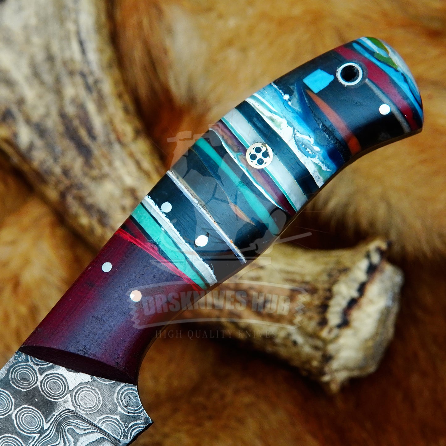 Damascus Hunting Knife 9" – Rain Drop Pattern with Leather Sheath | DRSKNIVES HUB