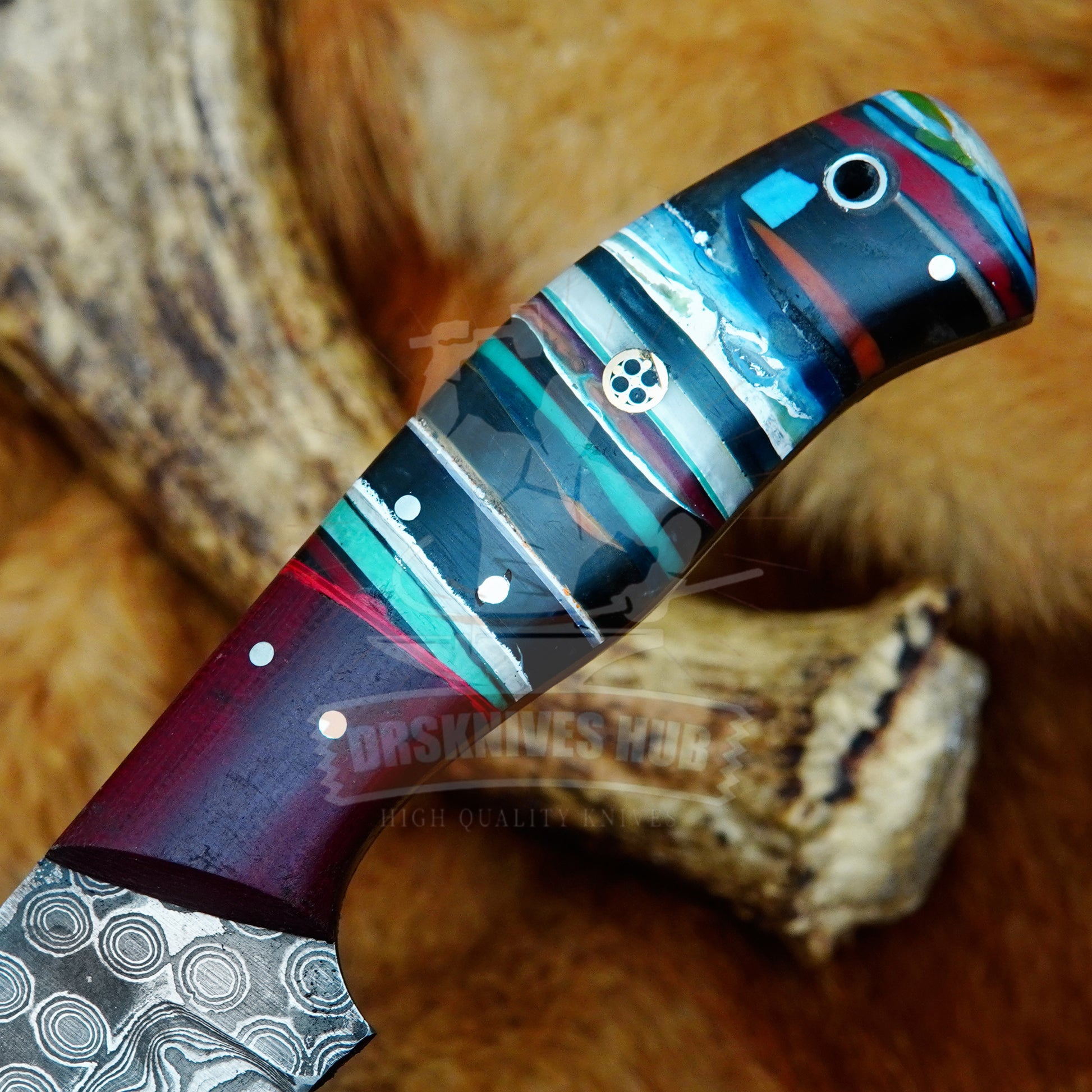 Damascus Hunting Knife 9" – Rain Drop Pattern with Leather Sheath | DRSKNIVES HUB
