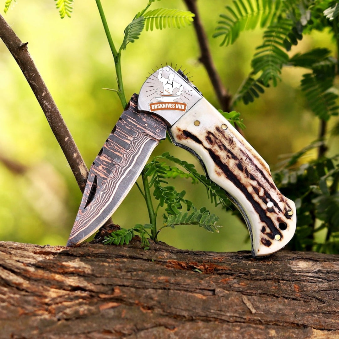 Copper Damascus Folding Pocket Knife Natural Stag Handle With Leather Pouch | DRSKNIVES HUB