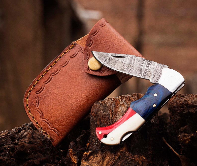 Texas Flag Handle Hand Forged Damascus Steel Folding Pocket Knife With Leather Sheath Cover