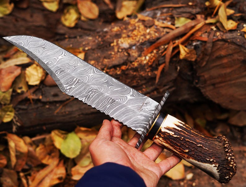 Bowie Knife With Stag Handle Custom Handmade Damascus Steel Blade Outdoor , Bowie, Camping knife With Leather Sheath Cover