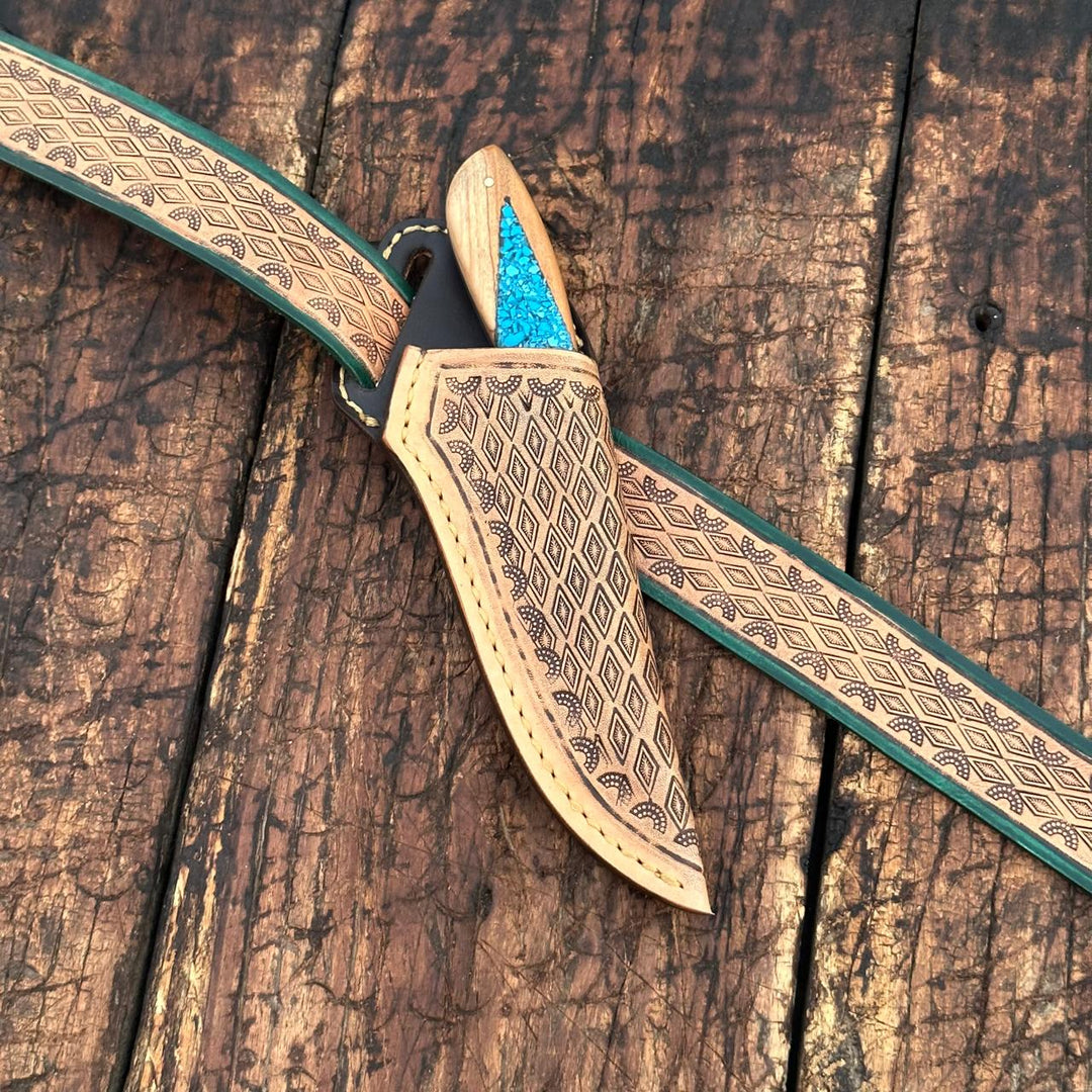 Damascus Skinner Knife – Turquoise Stone & Wood Handle with Leather Sheath