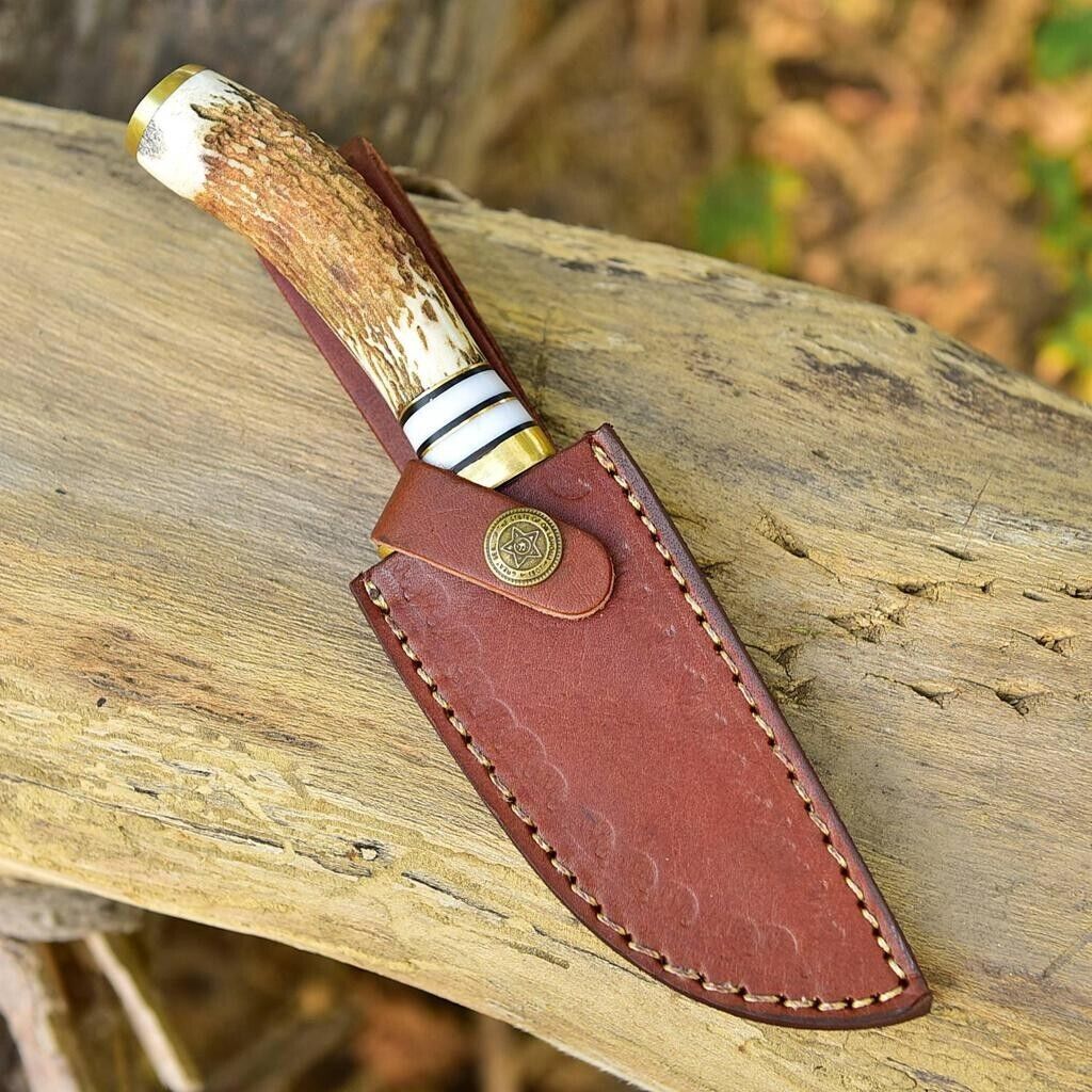 Antler Horn Handle Beautiful Handmade Damascus Steel Gut Hook knife With Leather Sheath Cover