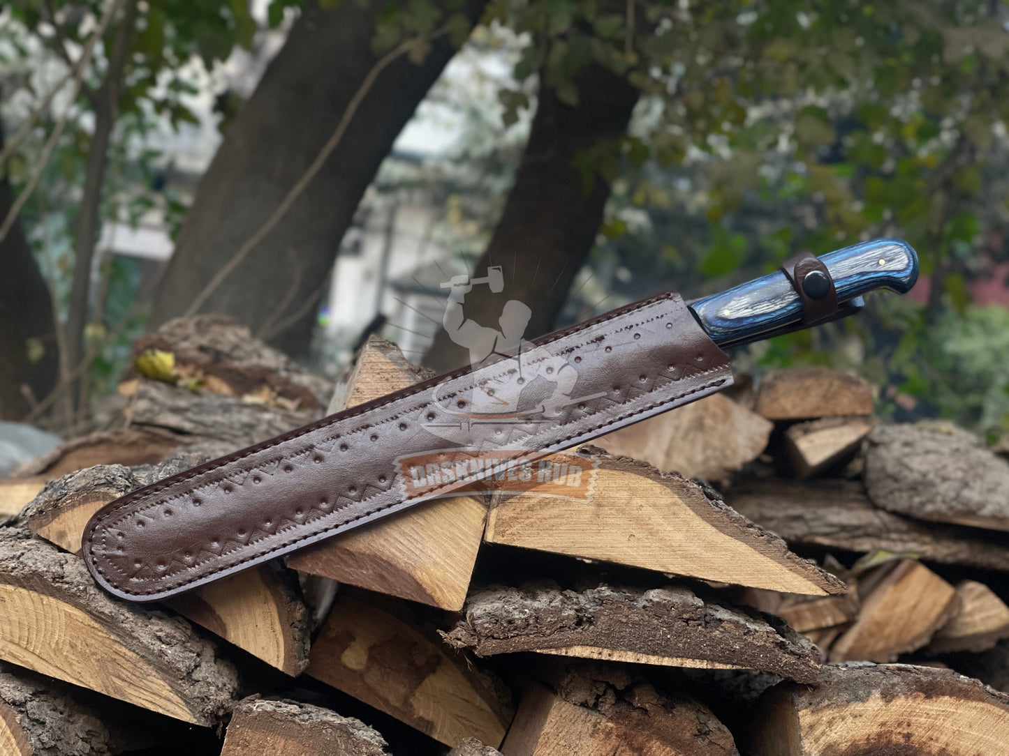 Handmade Damascus Steel Bread Knife with Leather Sheath | 17" Long Serrated Kitchen Knife | Wood Handle