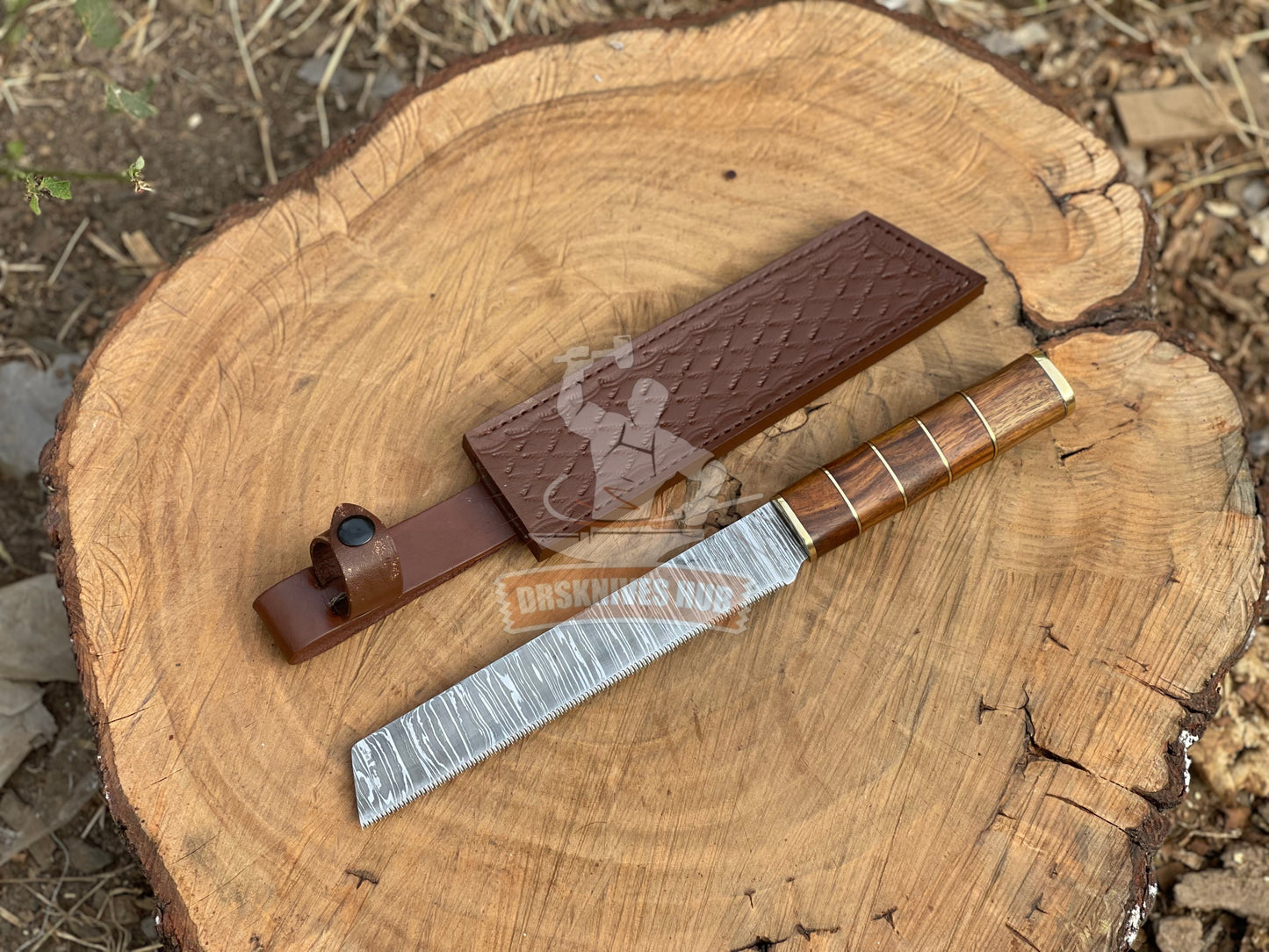 Hand Forged Damascus Steel Blade Bread Cutter Knife With Leather Sheath Cover | DRSKNIVES HUB