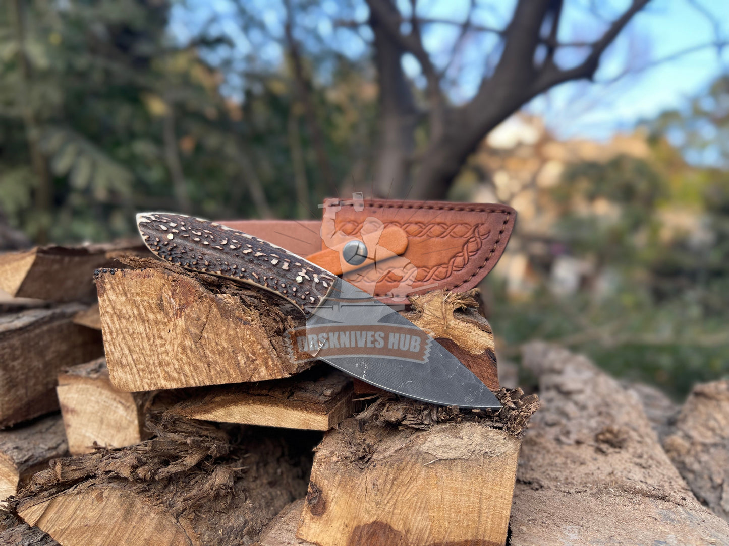 Hand-Forged Carbon Steel Powder-Coated Blade Skinning Knife with Leather Sheath | DRSKNIVES HUB