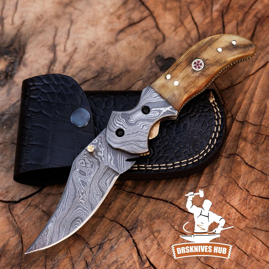 Ram Horn Handle Beautiful Handmade Damascus Steel Blade Folding Pocket Knife With Leather Sheath Cover