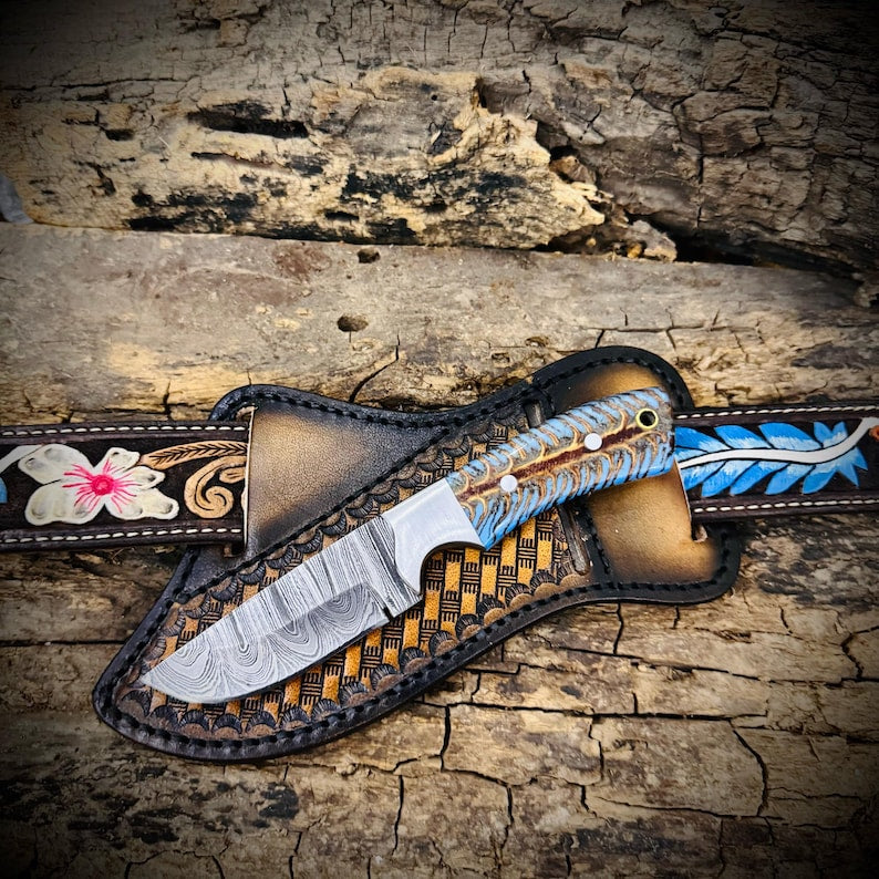 HANDMADE DAMASCUS STEEL COWBOY SKINNER KNIFE RESIN HANDLE|| DRS KNIVES HUB