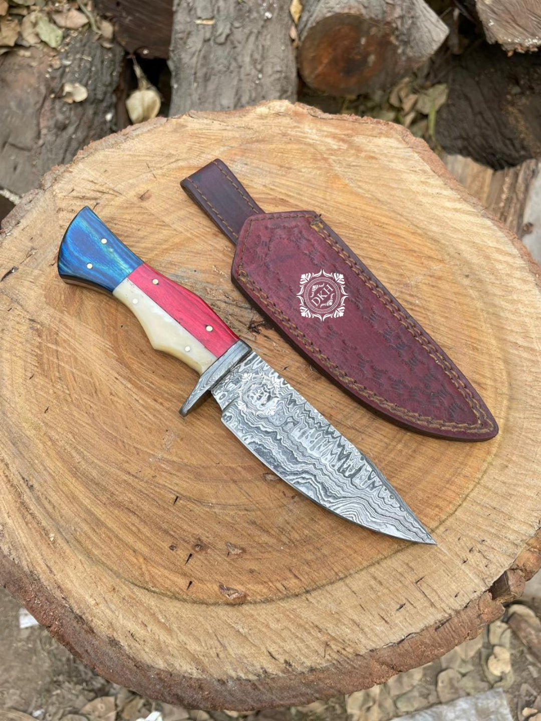 American flag Themed Handle Hunting Knife With Leather Sheath Cover