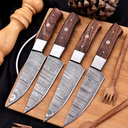 Handmade 4pcs Steak knives set with leather sheath cover wood handle