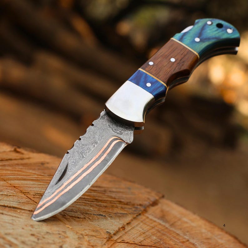 Damascus Steel Pocket Folding Knife Handmade Copper With Leather Sheath Cover