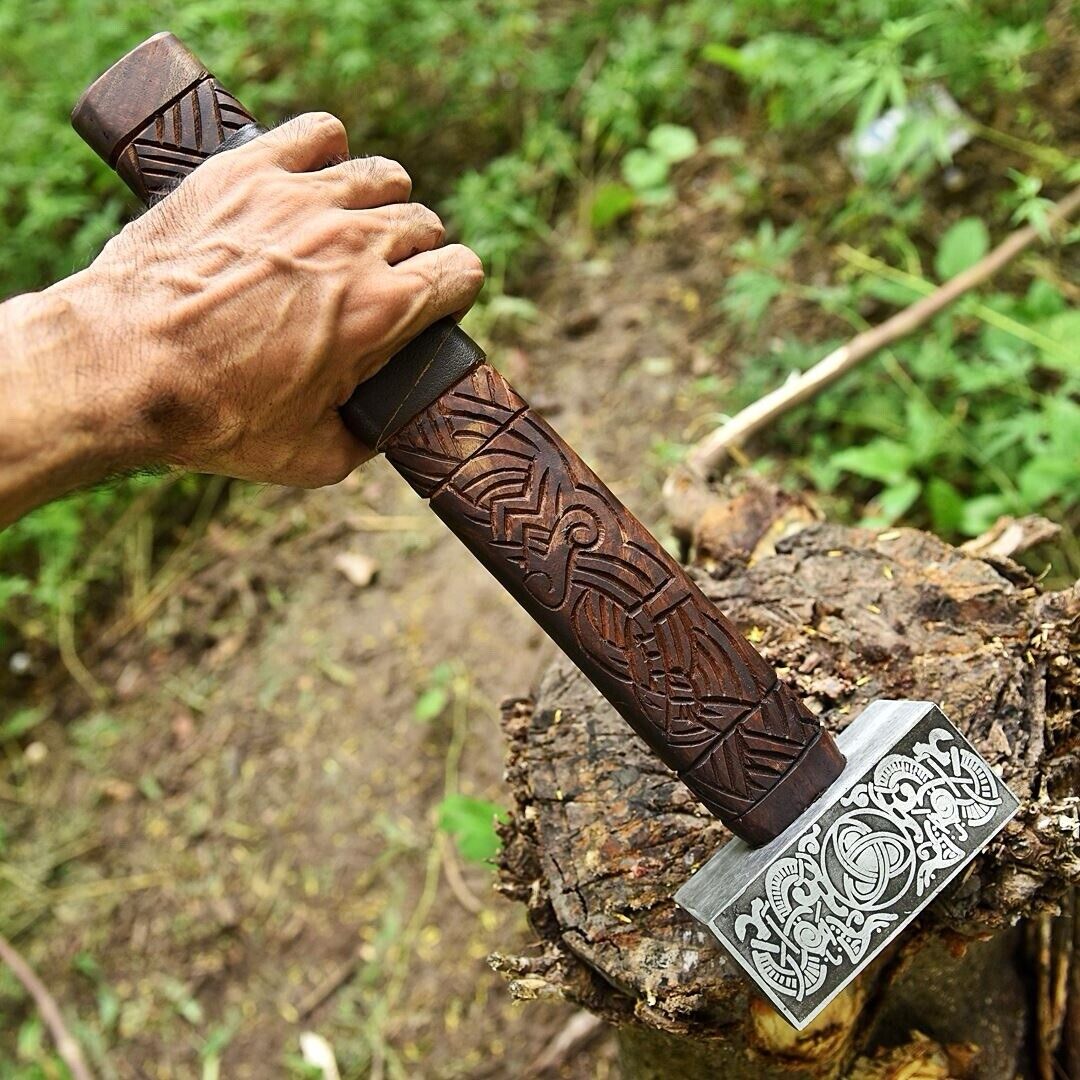 Viking Battle Hammer Engrave Wood Handle Medieval War Hammer