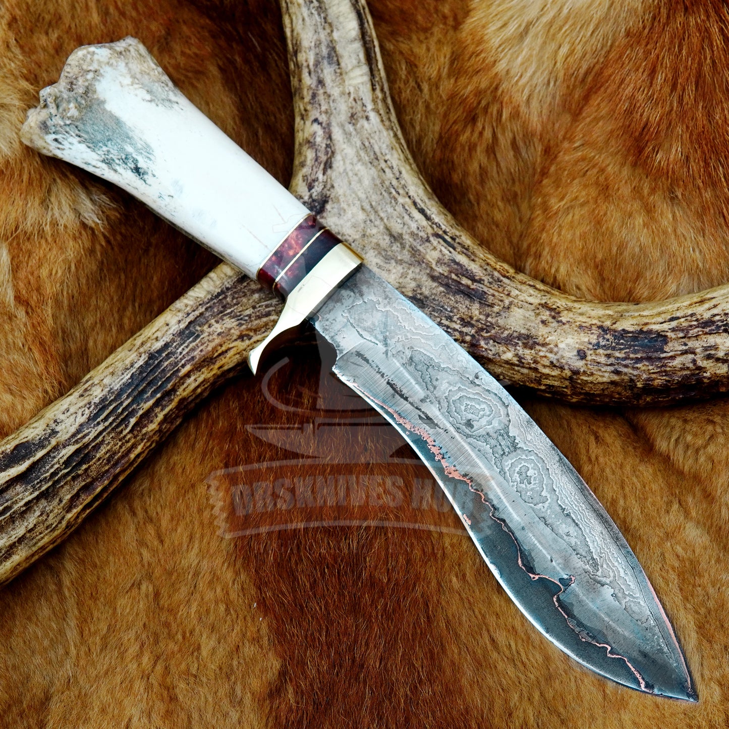 Handmade Copper Damascus Kukri Knife: Bone Handle With Leather sheath