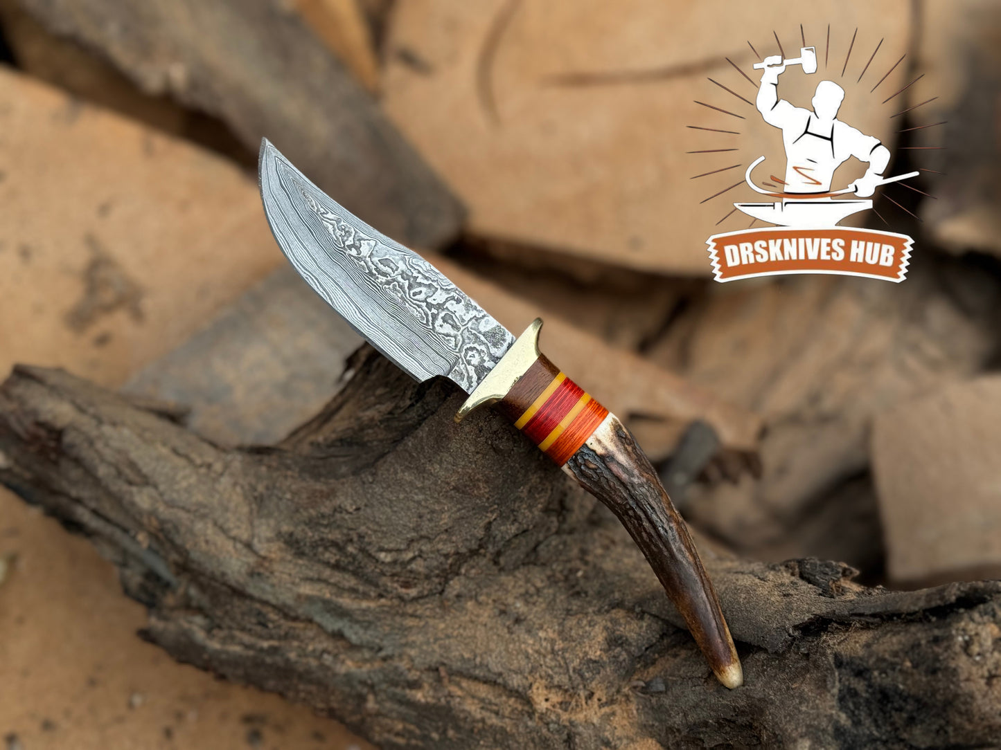 Hand-Forged Damascus Steel Knife Stag & Wood Handle  Leather Sheath Included | DRSKNIVES HUB